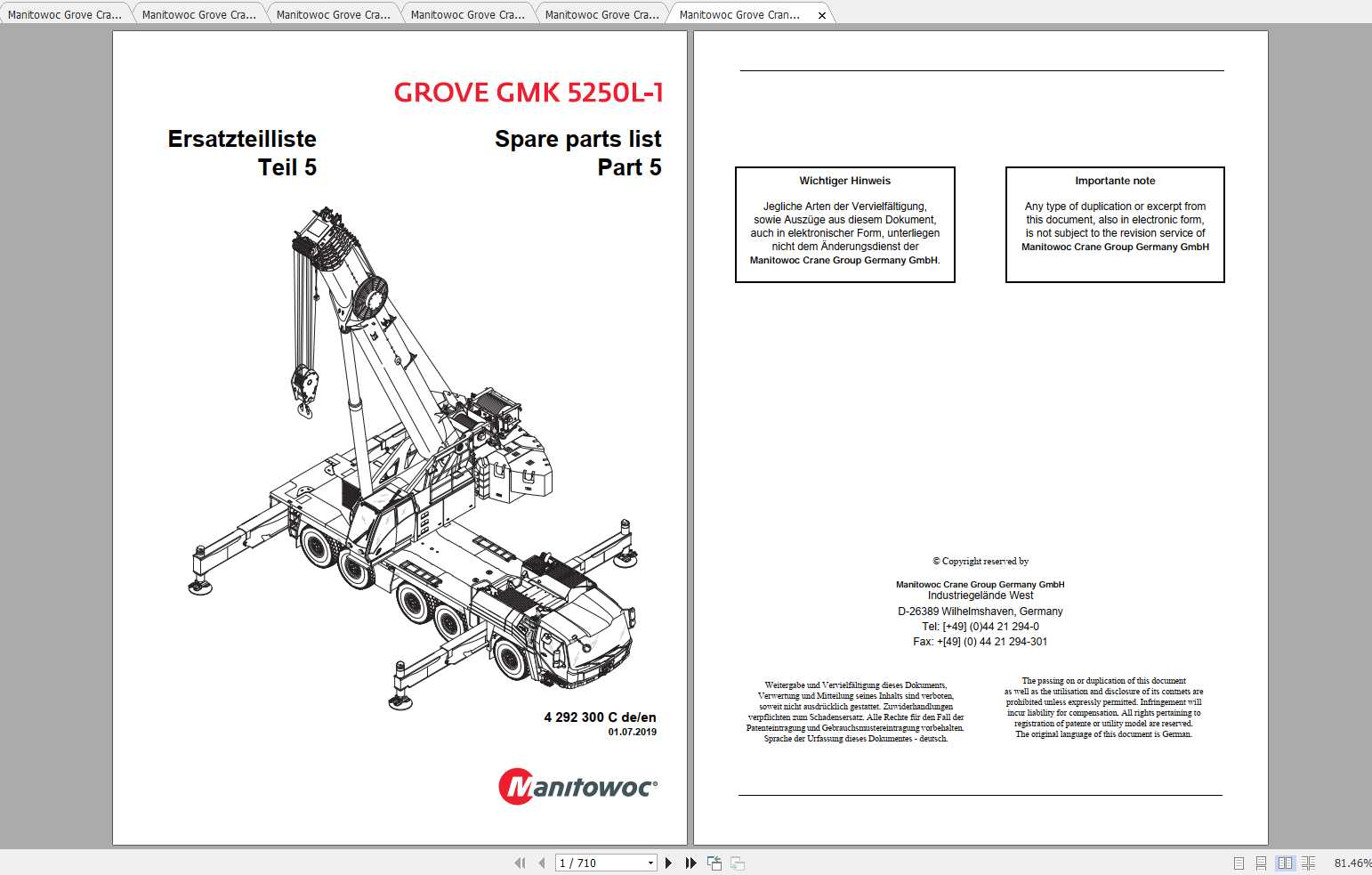 Manitowoc Grove Crane GMK 5250L 1 4292300C 20190701 Spare Parts Catalog 1