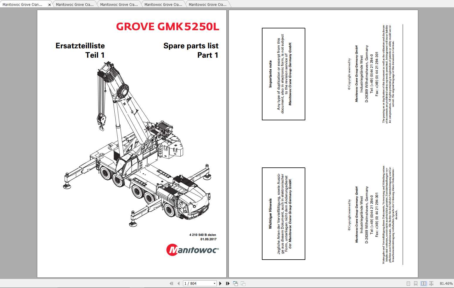 Manitowoc Grove Crane GMK 5250L 4210540B 20170901 Spare Parts Catalog 1