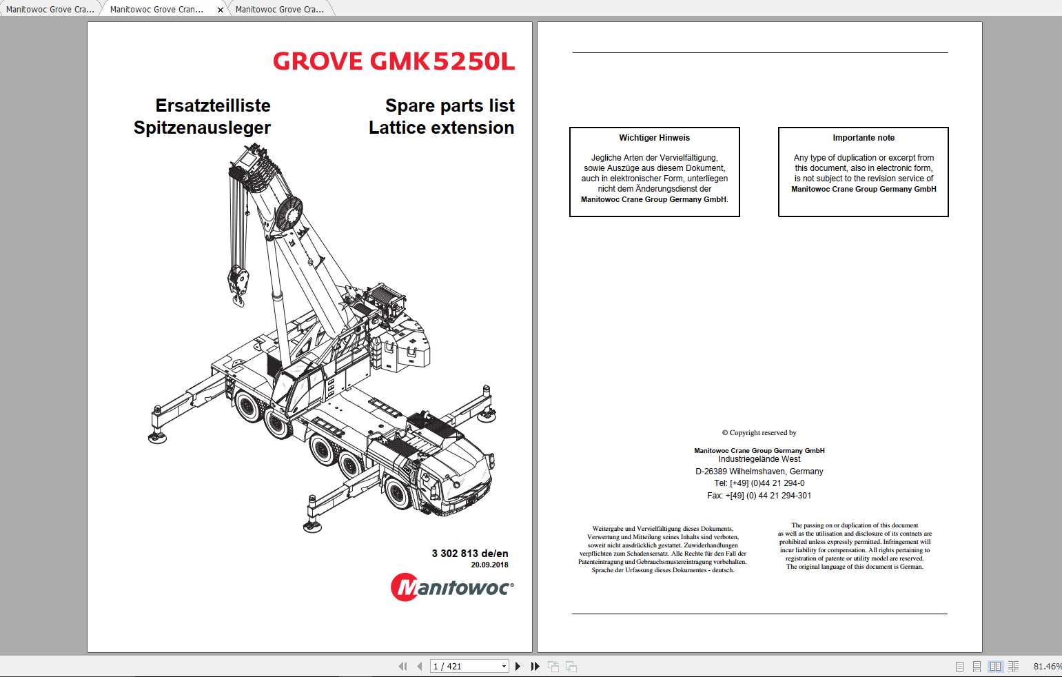 Manitowoc Grove Crane GMK 5250L Land Specific Options Spare Parts Catalogs 2