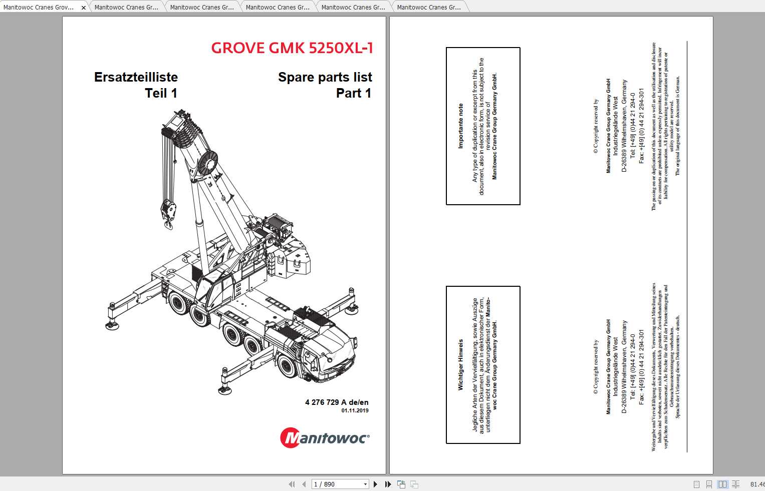 Manitowoc Grove Crane GMK 5250XL1 4276729A 20191101 Spare Parts Catalog