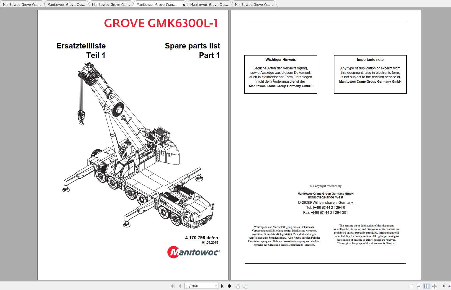 Manitowoc Grove Crane GMK 6300L1 4170798 20180401 Spare Parts Catalog