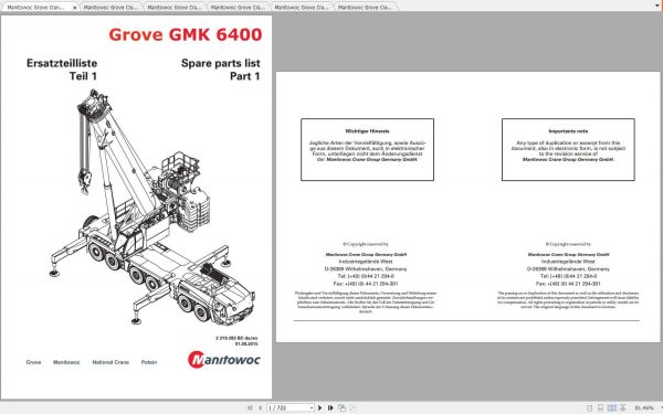 Manitowoc Grove Crane GMK 6400 3219283BC 20150801 Spare Parts Catalog PDF 1