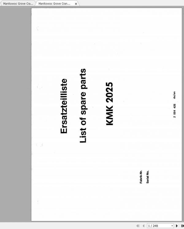 Manitowoc Grove Crane KMK 2025 2084428 20180301 Spare Parts Catalog 1
