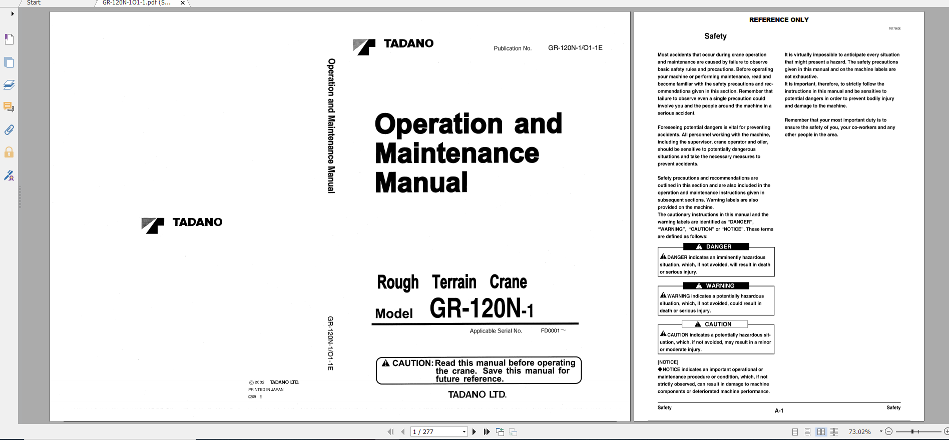Tadano Rough Terrain Crane GR 120NLSTD 1 GR 120N 1 00103 Operation Maintance Manual 1
