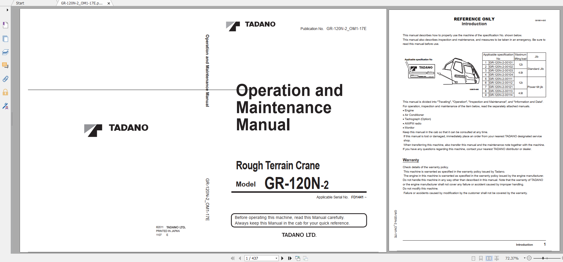 Tadano Rough Terrain Crane GR 120NLSTD 2 GR 120N 2 00102 Operation Maintance Manual 1