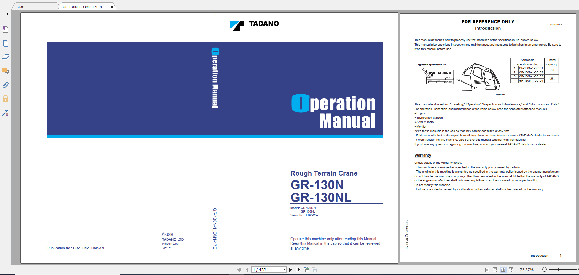 Tadano Rough Terrain Crane GR 130NL 1 GR 130N 1 00101 Operation Maintance Manual 1