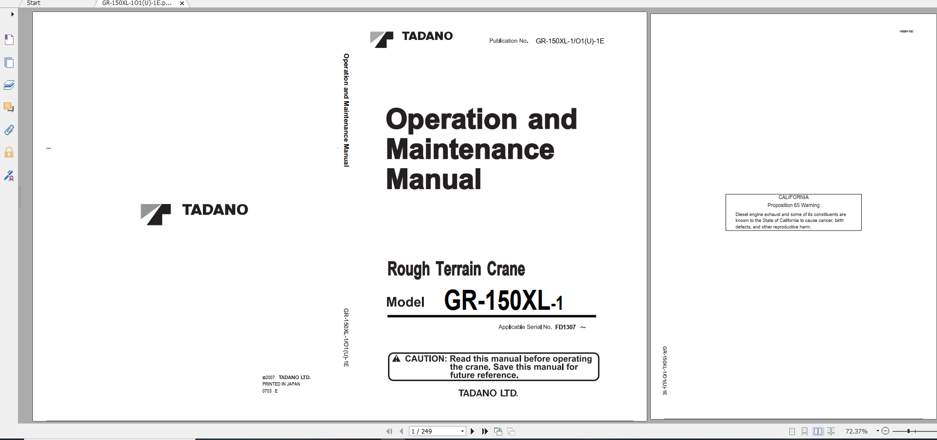 Tadano Rough Terrain Crane GR 150XL 1 GR 150 1 00101 Operation Maintance Manual 1