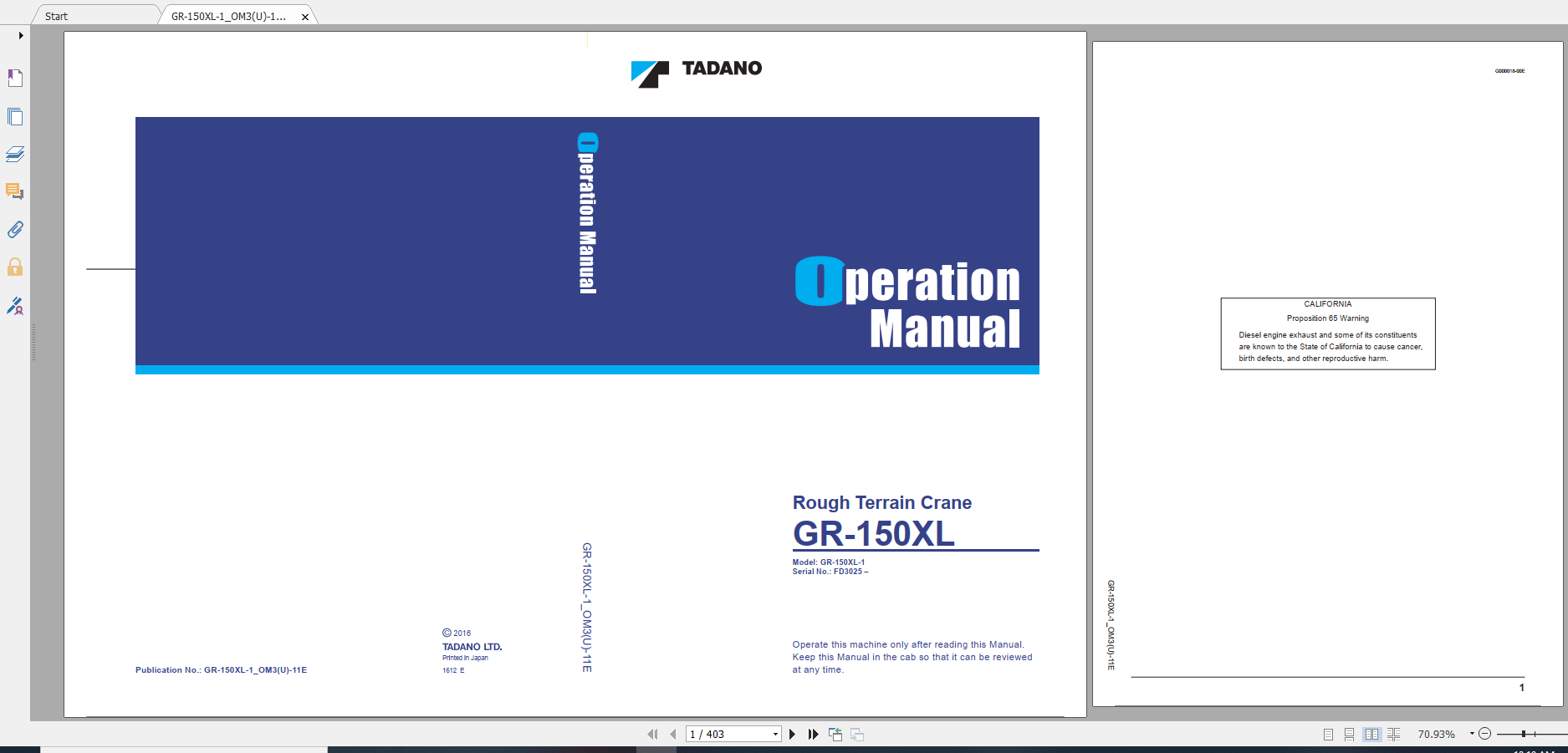 Tadano Rough Terrain Crane GR 150XL 1 GR 150 1 00242 Operation Maintance Manual 1