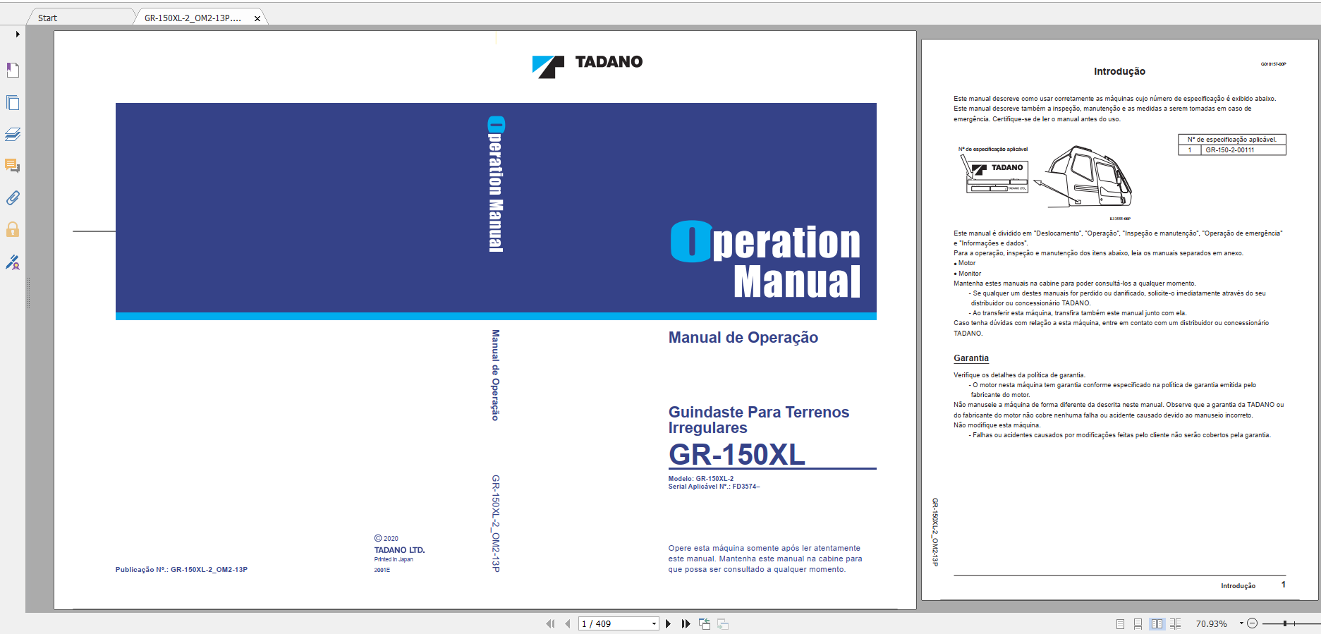 Tadano Rough Terrain Crane GR 150XL 2 GR 150 2 00111 PO Operation Maintance Manual PO 1