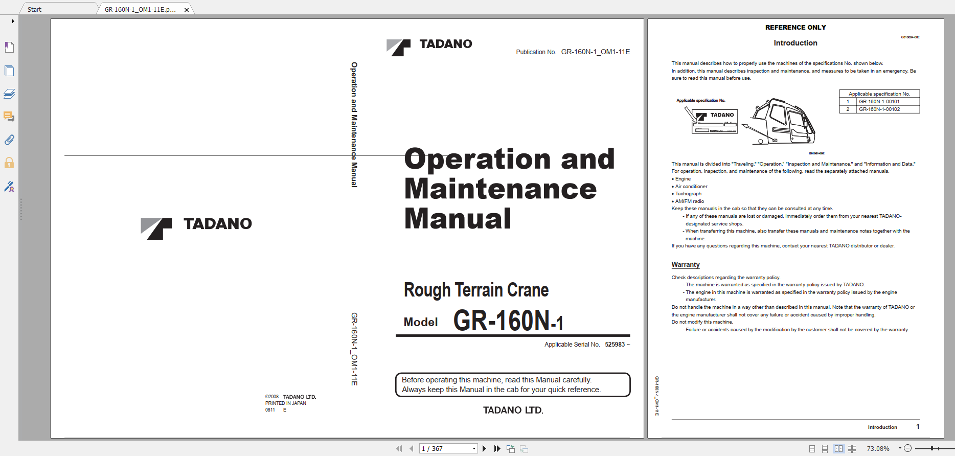 Tadano Rough Terrain Crane GR 160N 1 GR 160N 1 00101 Operation Maintance Manual 1