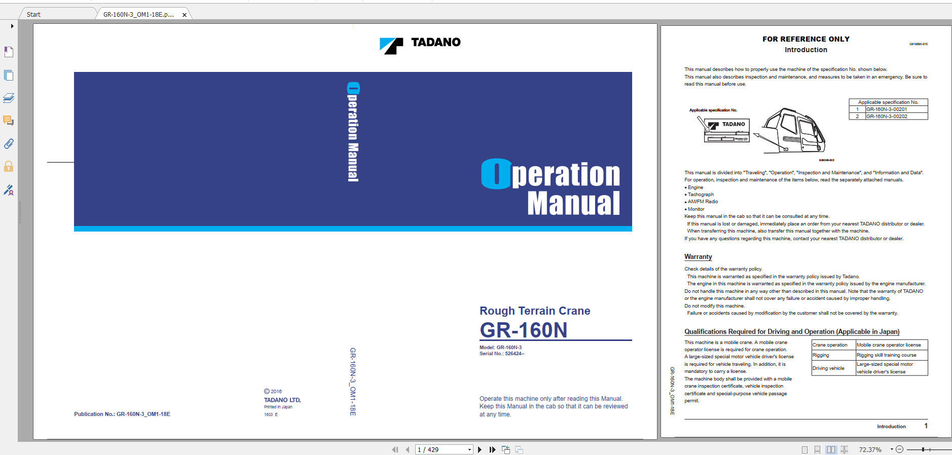 Tadano Rough Terrain Crane GR 160N 3 GR 160N 3 00202 Operation Maintance Manual 1