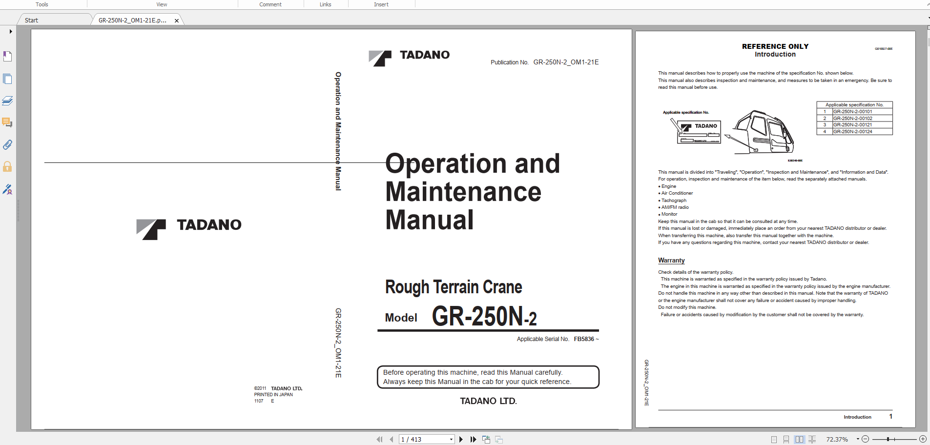 Tadano Rough Terrain Crane GR 250N 2 GR 250N 2 00101 Operation Maintance Manual 1