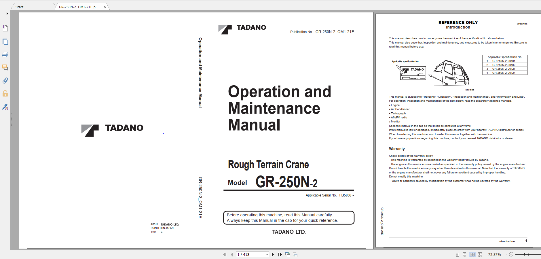Tadano Rough Terrain Crane GR 250N 2 GR 250N 2 00121 Operation Maintance Manual 1