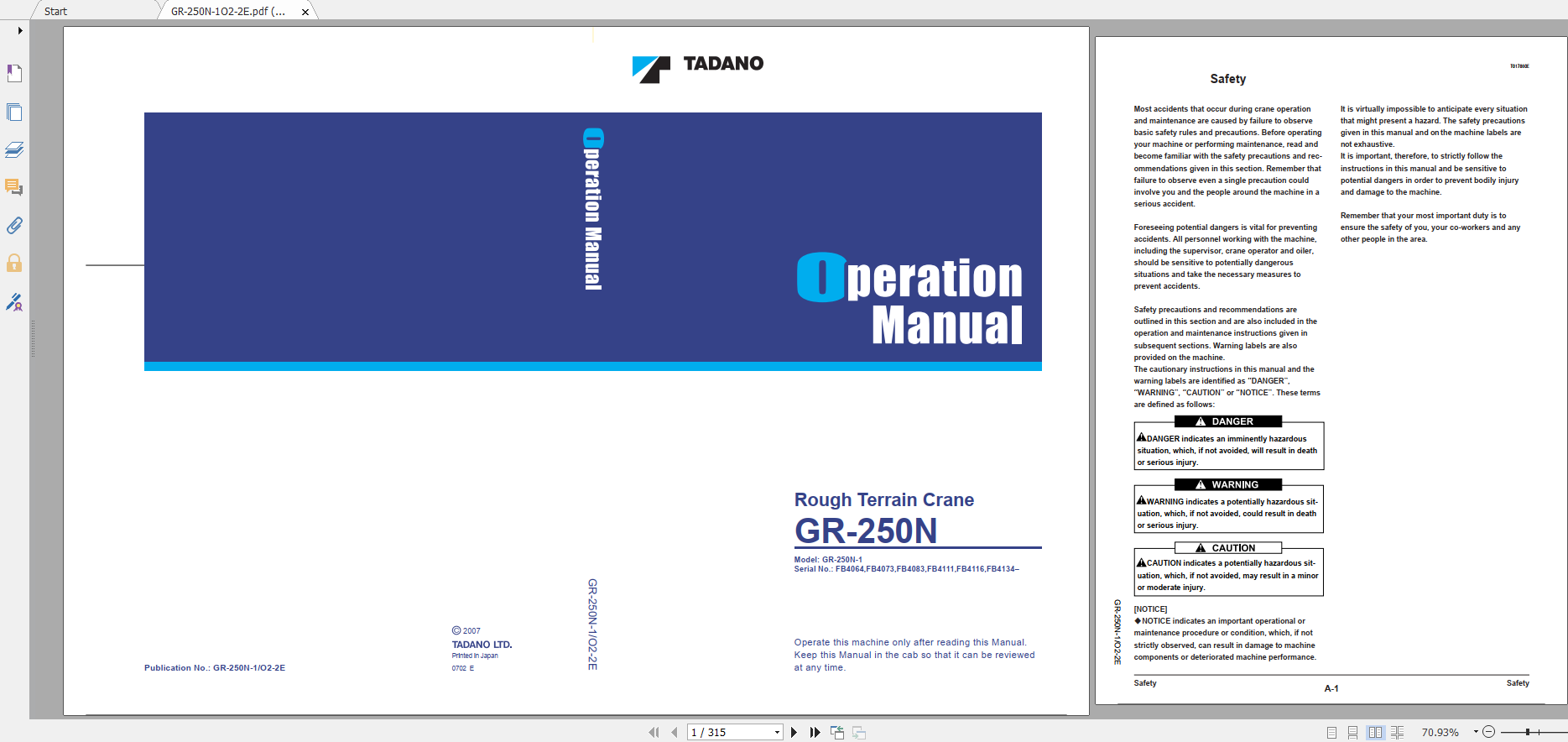 Tadano Rough Terrain Crane GR 250NPT 1 GR 250N 1 00105 Operation Maintance Manual 1