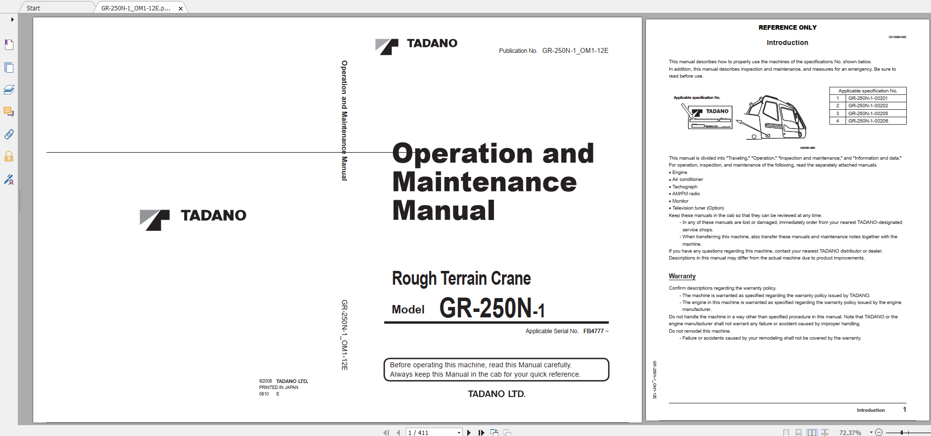 Tadano Rough Terrain Crane GR 250NPT 1 GR 250N 1 00206 Operation Maintance Manual 1