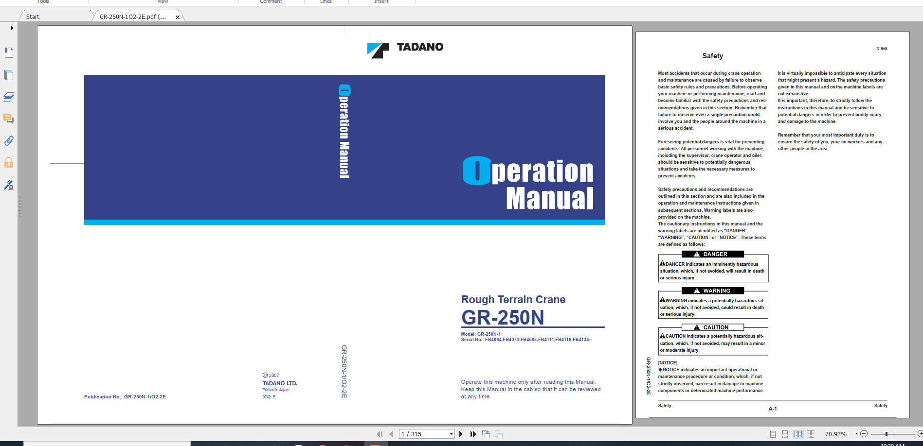 Tadano Rough Terrain Crane GR 250NSTD 1 GR 250N 1 00103 Operation Maintance Manual 1