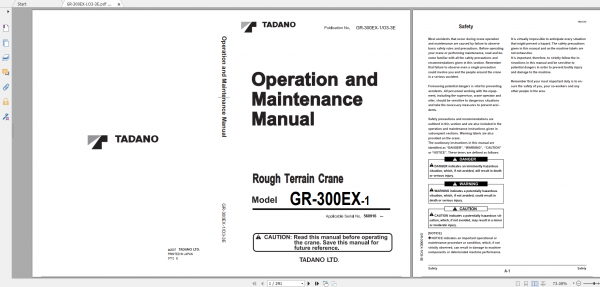 Tadano Rough Terrain Crane GR 300EX 1 GR 300E 1 00212 Operation Maintance Manual 1