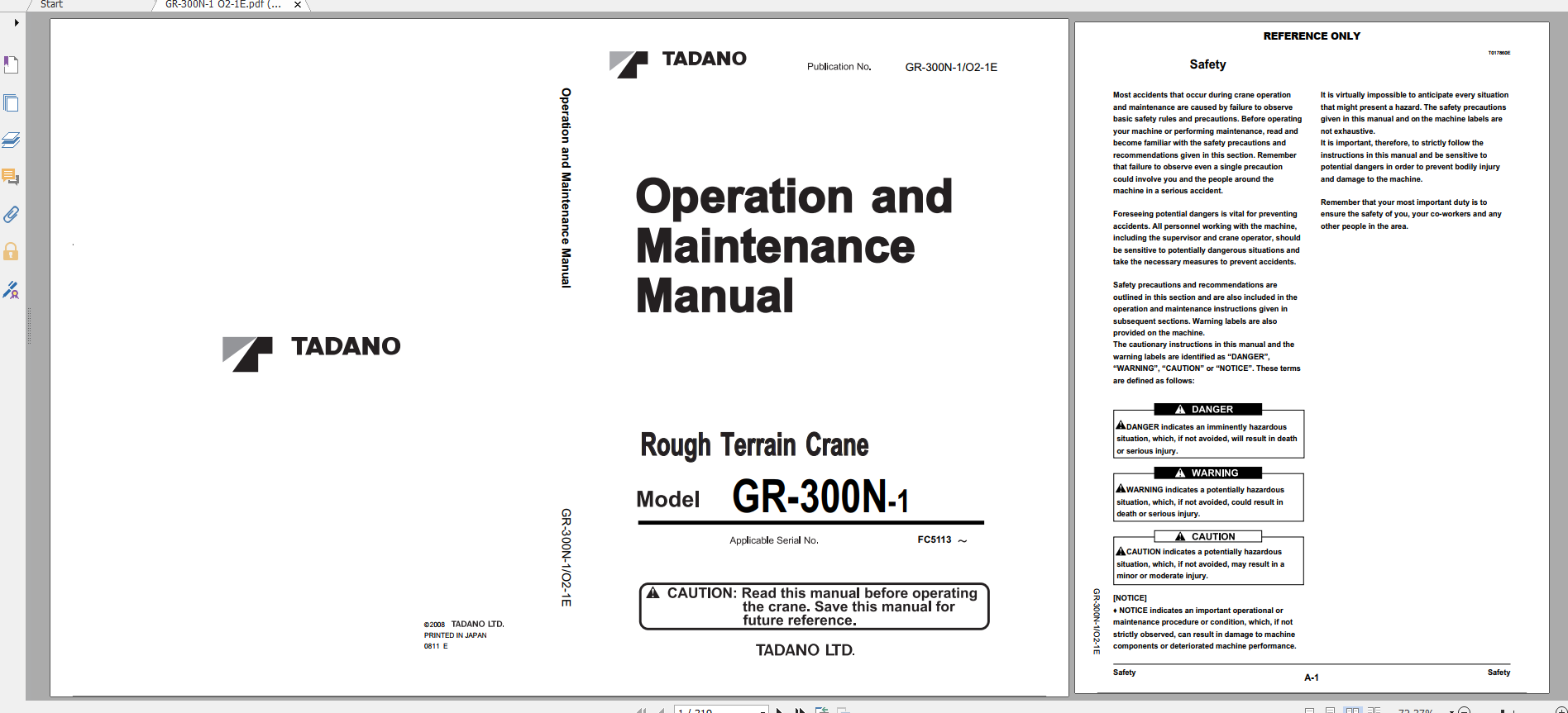 Tadano Rough Terrain Crane GR 300NF 1 GR 300N 1 00102 Operation Maintance Manual 1
