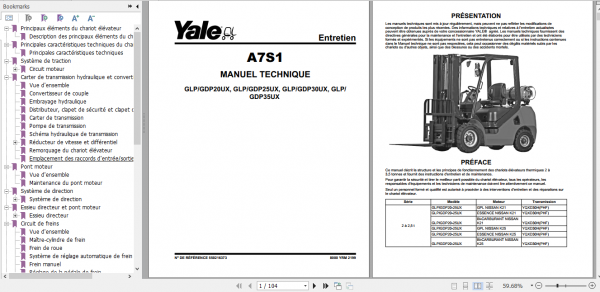 Yale Class 5 Internal Combustion Engine Trucks A7S1 Service Manual French 1