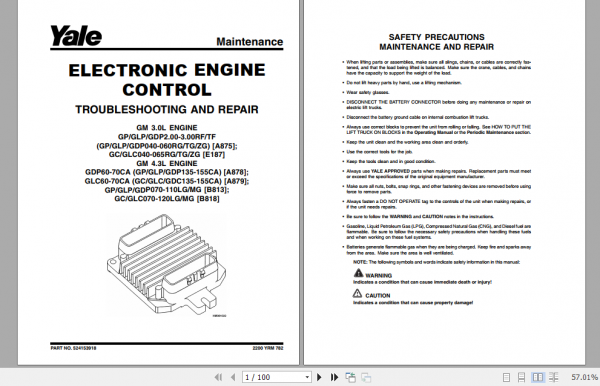 Yale Class 5 Internal Combustion Engine Trucks A875 GDP040 050RG Service Manual 2