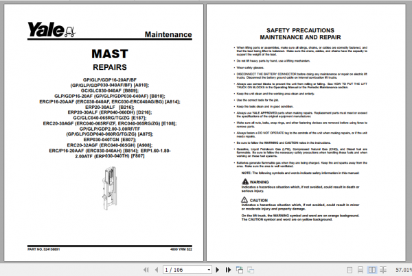 Yale Class 5 Internal Combustion Engine Trucks A875 GDPGLP20 30RFTF Europe Service Manual 1