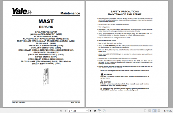 Yale Class 5 Internal Combustion Engine Trucks A875 GPGLP040 050RG Service Manual 4