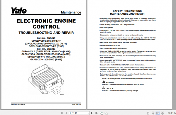 Yale Class 5 Internal Combustion Engine Trucks A875 GPGLP050 060TG Service Manual 2