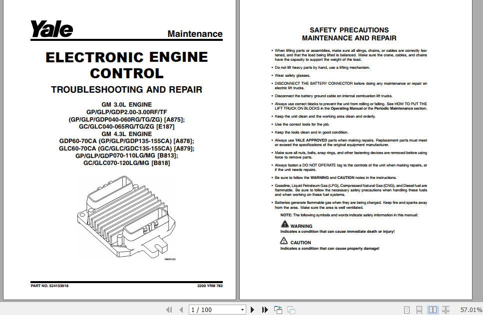 Yale Class 5 Internal Combustion Engine Trucks A875 GPGLP050 060TG Service Manual 2
