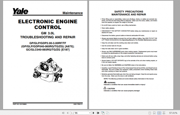Yale Class 5 Internal Combustion Engine Trucks A875 GPGLP050 060TG Service Manual 4