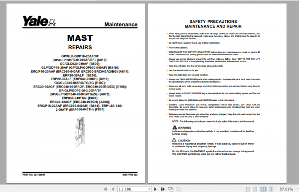 Yale Class 5 Internal Combustion Engine Trucks A875 GPGLP050 060ZG Service Manual 2