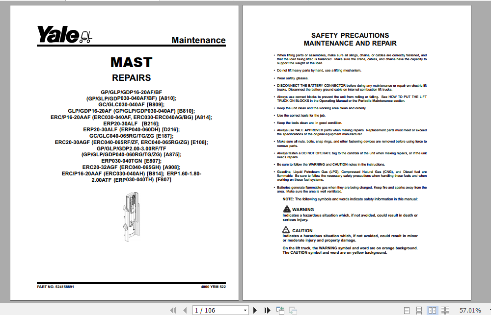 Yale Class 5 Internal Combustion Engine Trucks A875 GPGLP050 060ZG Service Manual 2