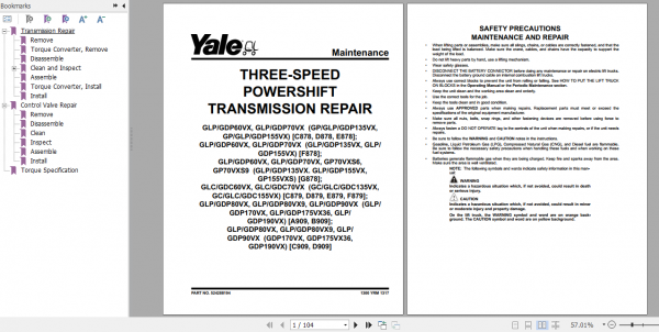 Yale Class 5 Internal Combustion Engine Trucks A909 GDPGLP80 90VX GDPGLP80VX9 Europe Service Manual 3