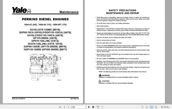 Yale Class 5 Internal Combustion Engine Trucks B876 GDP170 280DB Service Manual 4