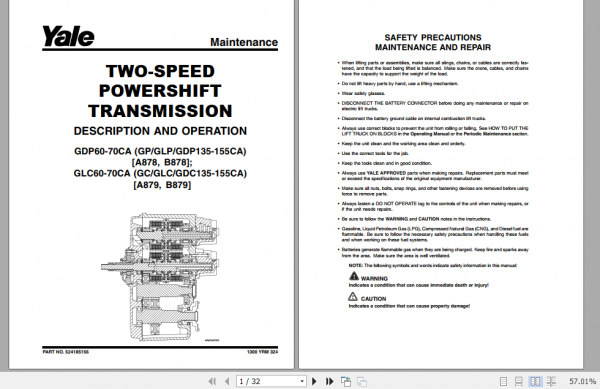 Yale Class 5 Internal Combustion Engine Trucks B878 GPGDPGLP135155CA Service Manual 4