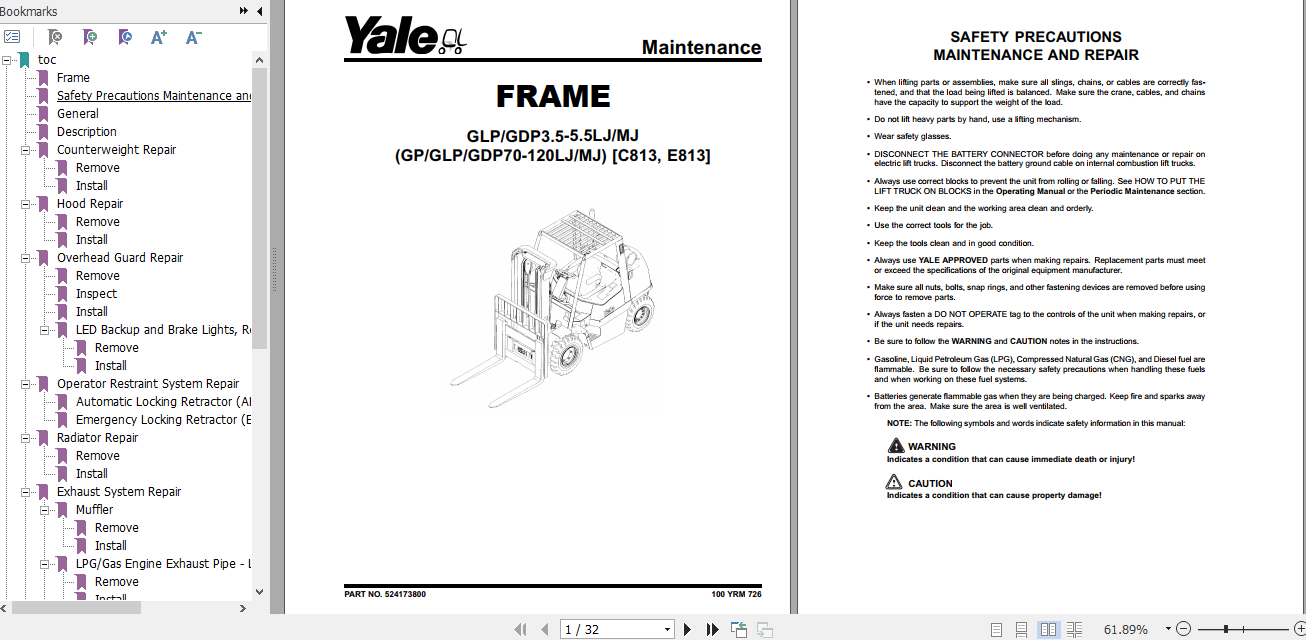 Yale Class 5 Internal Combustion Engine Trucks C813 GPGLP070 120LJMJ Service Manual 2