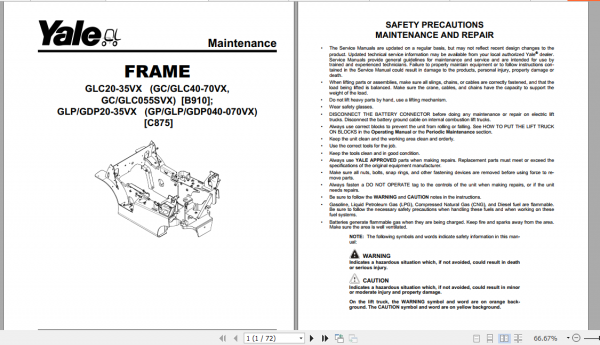 Yale Class 5 Internal Combustion Engine Trucks C875 GP40 70VX GLP40 70VX GDP40 70VX Service Manual 2