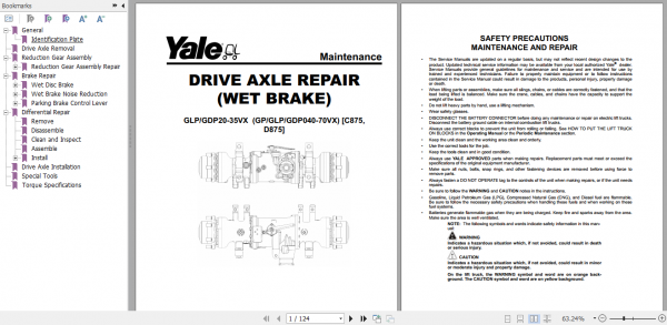 Yale Class 5 Internal Combustion Engine Trucks C875 GP40 70VX GLP40 70VX GDP40 70VX Service Manual 3