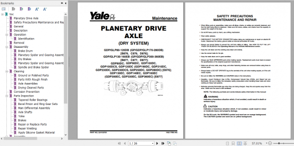 Yale Class 5 Internal Combustion Engine Trucks C875 GP40 70VX GLP40 70VX GDP40 70VX Service Manual 5 1