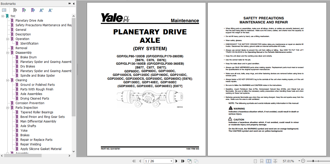 Yale Class 5 Internal Combustion Engine Trucks C875 GP40 70VX GLP40 70VX GDP40 70VX Service Manual 5 1
