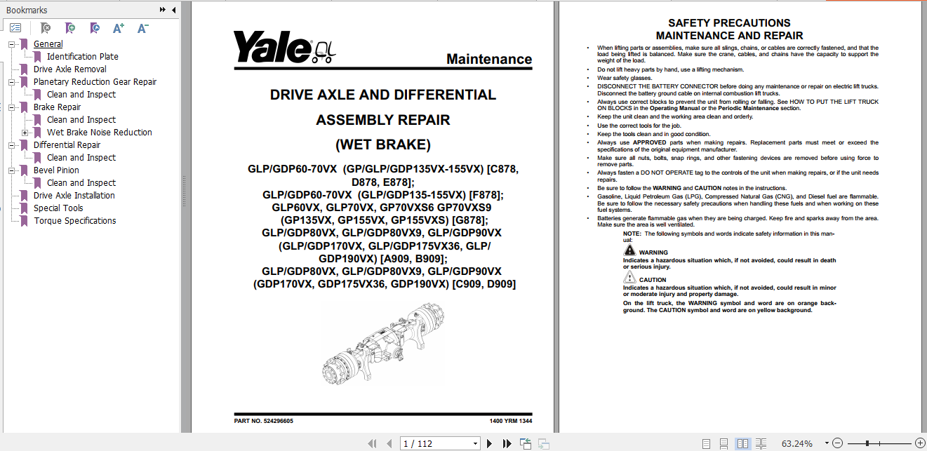 Yale Class 5 Internal Combustion Engine Trucks C878 GLP60 70VX GDP60 70VX Europe Service Manual 2