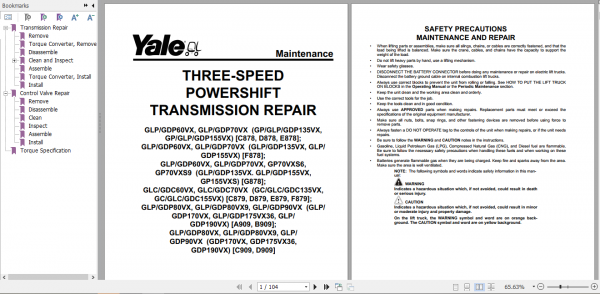 Yale Class 5 Internal Combustion Engine Trucks C878 GLP60 70VX GDP60 70VX Europe Service Manual 4 1