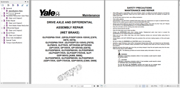 Yale Class 5 Internal Combustion Engine Trucks D909 GDP80VX GLP90VX Europe Service Manual 2