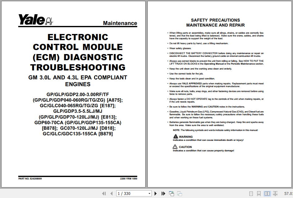 Yale Class 5 Internal Combustion Engine Trucks E813 GPGLPGDP070 090LJMJ GPGLPGDP100 120MJ Service Manual 2