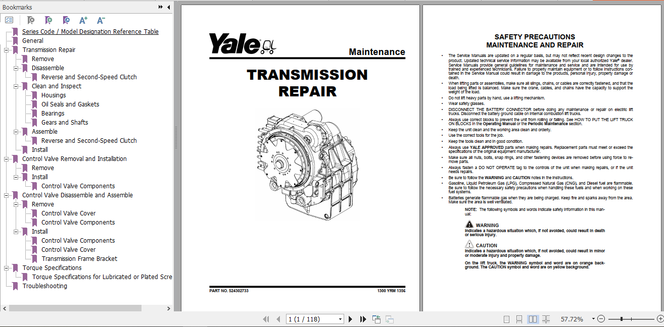 Yale Class 5 Internal Combustion Engine Trucks E876 GDP190DC GDP280DC Service Manual 2