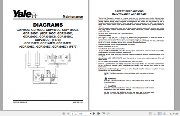 Yale Class 5 Internal Combustion Engine Trucks F876 GDP190DC GDP280DC Service Manual 1