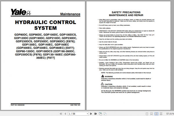 Yale Class 5 Internal Combustion Engine Trucks F876 GDP190DC GDP280DC Service Manual 2