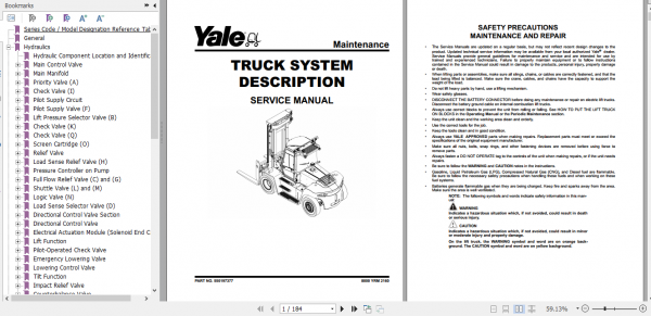 Yale Class 5 Internal Combustion Engine Trucks H876 GDP190DC GD280DC Service Manual 1