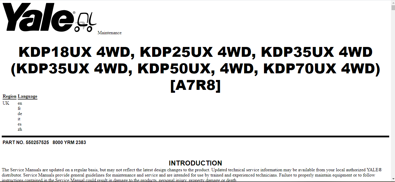 Yale Internal Combustion Engine Truck A7R8 KDP18UX 4WD KDP25UX 4WD KDP35UX 4WD Service Manual 2873659af54212374