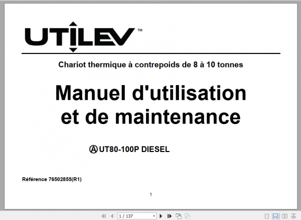 Yale Utilev Counterweighted Thermal Trolley UT80 100P Service Manual French 1