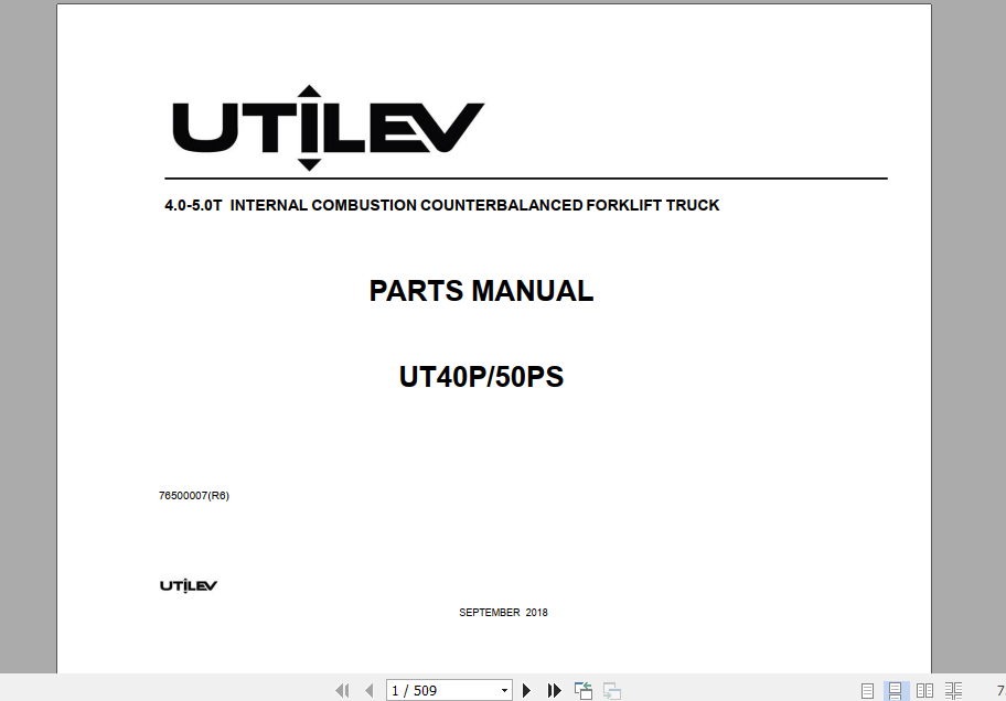 Yale Utilev Internal Combustion Counterbalanced Trucks A408 UT40 50PS Parts Catalog 1